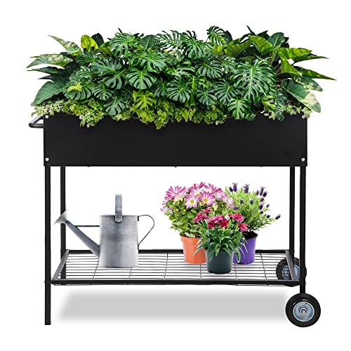 KHOMO GEAR - Hochbeetkasten mit Rädern – mobiler verzinkter Stahl-Pflanzgefäß mit unterer Ablage