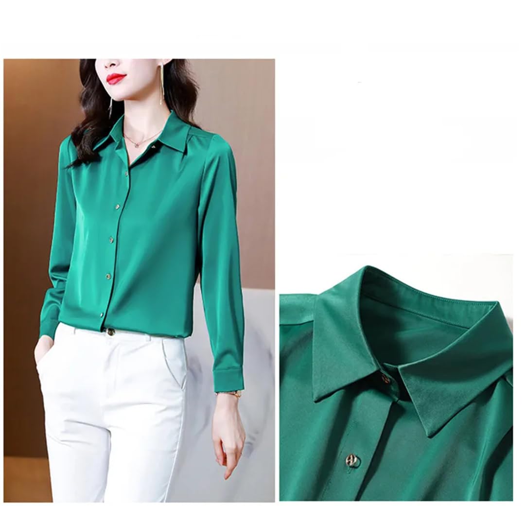 Camisa de seda para mujer, vintage, sólida, para mujer, con botones de metal, manga larga, camisas básicas para mujer