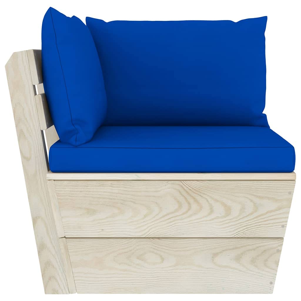 Divano angolare da giardino in legno di abete impregnato con cuscini blu 60x60x65 cm, set modulare componibile per patio, terrazzo, veranda, salotto esterno, seduta lounge relax