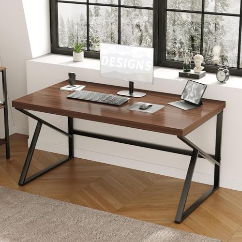 HSH Walnut Computer Desk, Industrial Modern Metal Wood Desk Workstation, Rustic Executive PC Laptop Work Desk Table for Home Office, Simple 55 Inch Writing Study Gaming Desk in Bedroom Living Room