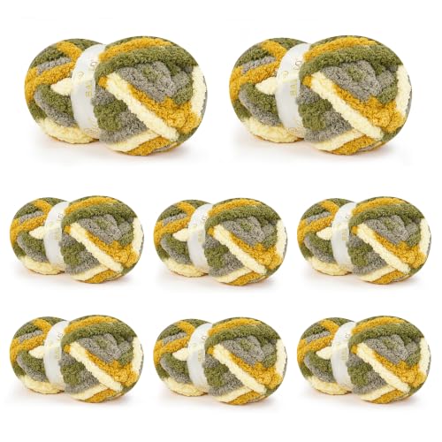 Image of Chunky Yarn for Hand Knitting, Chunky Chenille Blanket Yarn for Crocheting, Bulky Soft Fluffy Chenille for Blanket Project, 8 Pack of 8oz /25yds, Olive Green + Beige