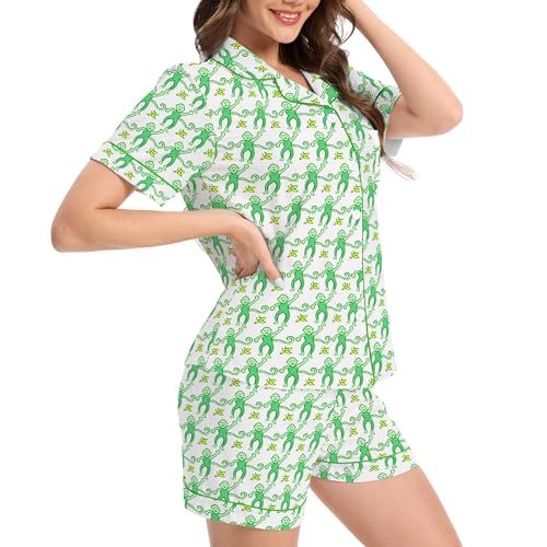 Image of Ammiko Womens Pajamas Set Y2k Loungewear Pajama Button Down Top and Shorts Monkey Beach Short Sleeve Sleepwear Preppy