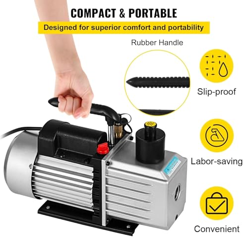 Bomba de vacío profesional de dos etapas tipo paleta, 8 CFM, 15 micrones, 3/4 HP, conexiones 1/4" flare, 3/8" SAE y 1/2" de entrada, para aire acondicionado miniatura 2