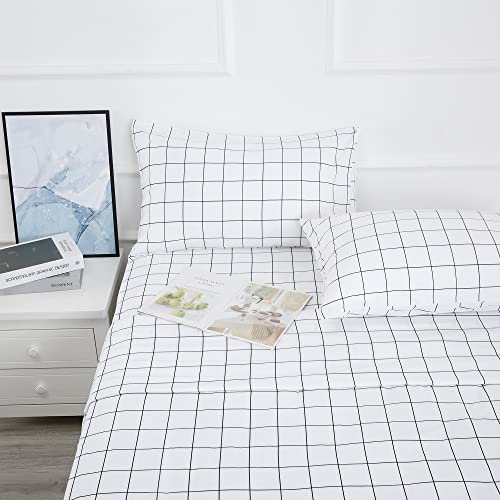 Image of Best Season Printed Plaid Bed Sheet Set 4 Piece- Full Size- Breathable- Super Soft, Deep Pocket,Stain,Fade & Wrinkle Resistant Breathable Bedding Sheets Black Grid