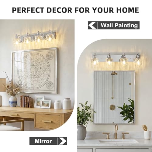 Image of Bathroom Light Fixtures Farmhouse Chrome Vanity Lights for Bathroom Lighting Fixtures Over Mirror with Hammered Glass Lampshade for Cabinet Mirror Bedroom Hallway 4 Light