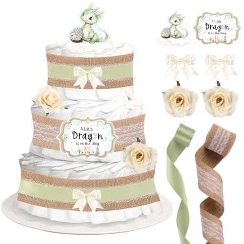 CORNER LACE Baby Shower Dragon Diaper Cake Decorations, Birthday Party Diaper Cake Supplies Green, Include Ribbon, Bow Tie, Cake Cards, Artificial Flowers(Diaper Not Included)