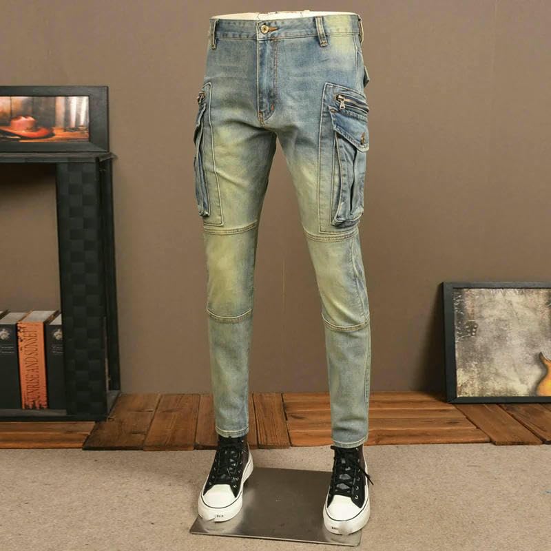 Street Mens Jeans Retro Washed Blue Stretch Slim Fit Spliced Biker Jeans Men Pocket Hip Hop Denim Cargo Pants2