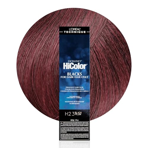 L'OREAL TECHNIQUE HiColor Violet & Black Shades Permanent Hair Color - Anti-Breakage Ceramide R Complex, Multi-Lift With No Brassiness, For Dark Bases and Long Lasting Color, H23 Black Plum