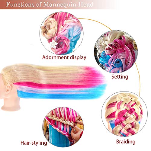 Image of Mannequin Head with Colorful Hair - 28 inch Long Straight Synthetic Hair Training Head with Clamp for Styling, Braiding, and Dye Practice (613)