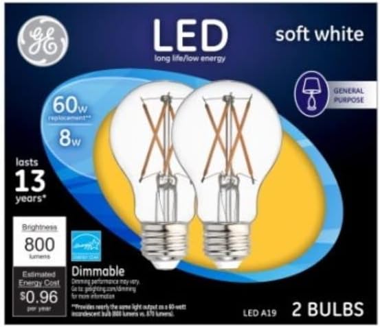 GE Lighting 248160 8W LED Light Bulbs, Soft White Clear - 800 Lumen - Pack of 2