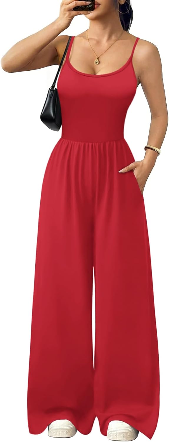 Ekouaer Jumpsuits for Women Sleeveless Spaghetti Strap Womens Jumpsuit One Piece Wide Leg Summer Romper With Pockets 2026