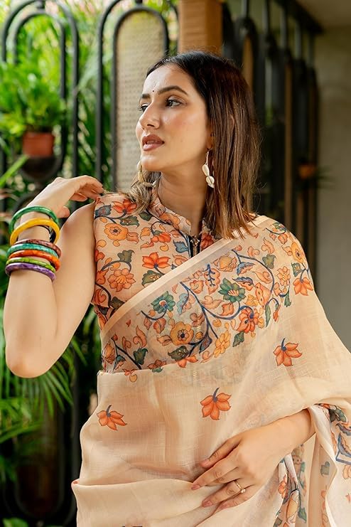 Image of RAJESHWAR FASHION WITH RF Soft Linan Cotton Summer collection rose digital print Traditional look saree beige