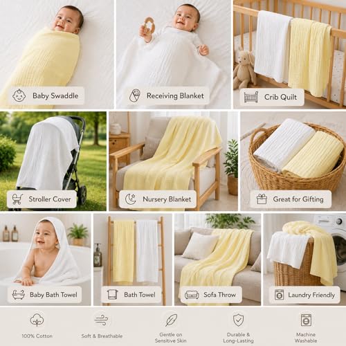 Image of Aablexema Baby Muslin Bath Towels - Set of 2 Large Size 43X43 Inches Swaddle Blanket for Newborn Toddlers Boys Girls (White & Yellow)