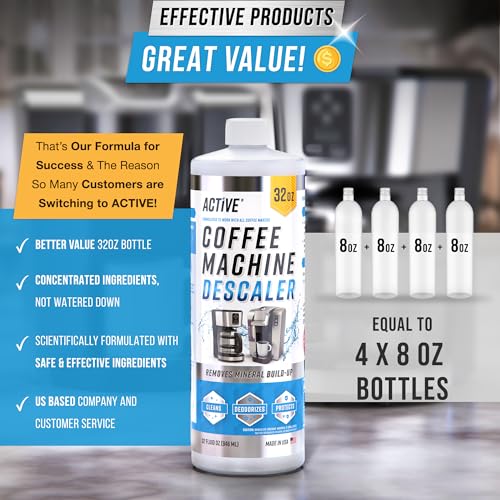 Image of ACTIVE Coffee Machine Descaler Descaling Solution - 32oz (8 Uses) Compatible with Keurig,Nespresso,Breville,Delonghi, Jura, Ninja - Espresso Coffee Maker Cleaner,Coffee Pot Cleaning Limescale Remover