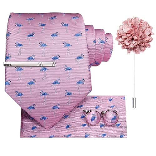 Image of Hi-Tie Light Pink Blue Flamingo Jacquard Men's Tie Sets Classic Necktie and Pocket Square Lapel Pin Silver Tie Clip Cufflinks Set Wedding Business 6PCS