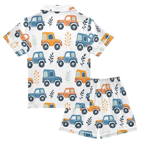 ALAZA Cute Road Car Truck Pajamas Satin Pajama Set Short Sleeve Button Down Sleepwear2