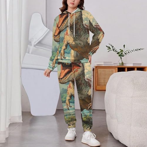 Boys Girls Sweatshirt Pullover Hoodie & Pants Kid Active Sweatsuit Tracksuit, Vintage Dinosaur Funny2