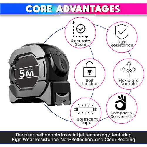 Image of Gadget Hero's 5 Meter Measuring Tape with Auto-Locking and Retracting Feature, Heavy Duty Unbreakable ABS Case with Belt Clip- One-Man Operation, Measure in Inch & Centimeters.