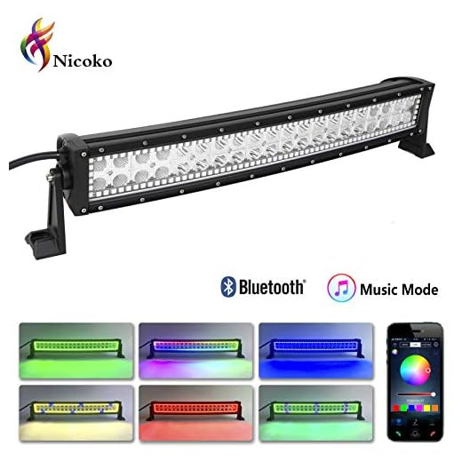 Nicoko 22" 120W Curved Combo Beam Led Light bar with RGB Chasing Bluetooth Controlled Over 300 Modes Color Changing Off Road Light Bar for Jeep Cabin Boat SUV Truck Car ATVs ,12 Months Warranty