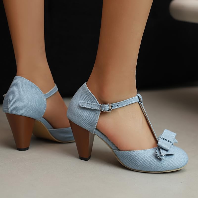 Image of Elbslutt Women's Cute Retro Rockabilly Shoes T Strap Mary Janes Heels Chunky Cosplay Shoes Sweet Block Heeled Bow Pumps
