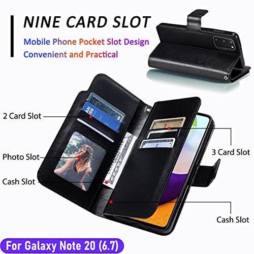 LMDAMZ for Galaxy Note 20 6.7 Inch Wallet Case [3+ Card Slots] ID Business Card Credit Card Slot Carry Pouch with Stand Double Sided Multi-Card Slot Flip Folding PU Wallet Leather Case (Black)