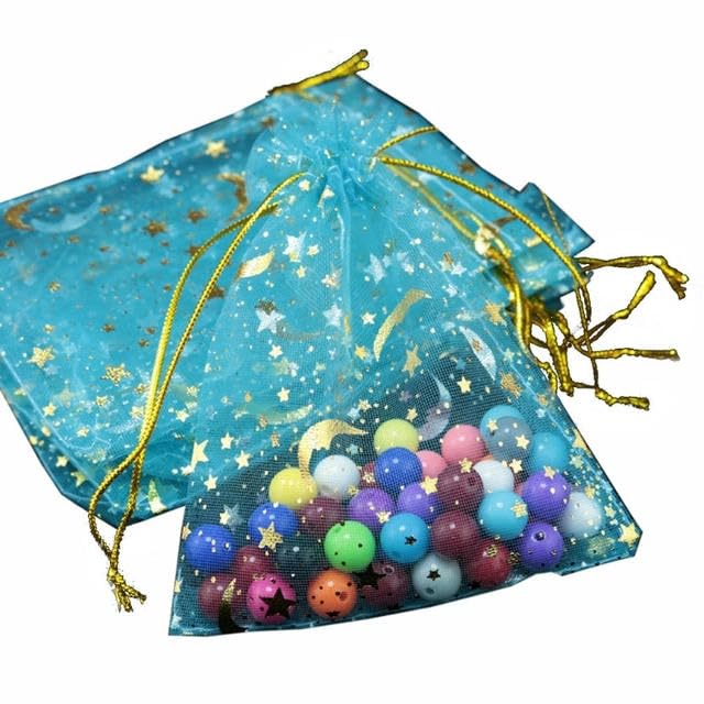 LSYLXBAI 100Pcs Moon Stars Drawstring Organza Bags Drawstring Small Jewelry Gift Bags Pouches for Wedding Party Valentine's Day-Sky Blue