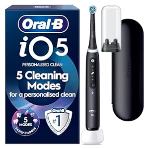 Oral-B iO5 Electric Toothbrush for Adults, Black, 5 Cleaning Modes with Teeth Whitening, Includes Travel Case, Long-Lasting Battery for Home and Travel, 2 Pin Plug