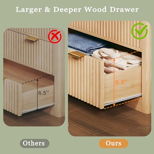 Image of Fluted Dresser for Bedroom with 9 Drawers, 53'' Mid Century Modern Dressers with Faux Marble Top, Wooden Chests of Drawers with Gold Handle & Curved Profile, Closet Clothes Storage Organizer TV Stand