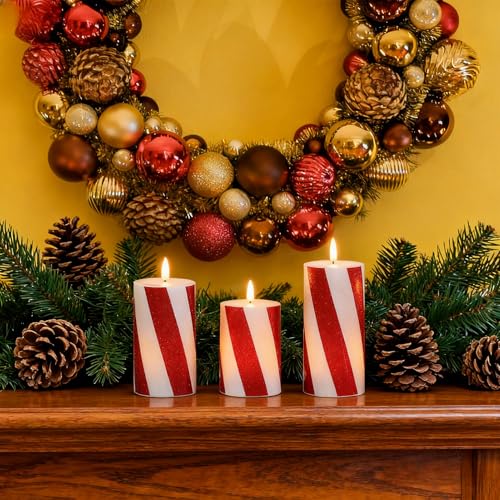 Image of Eldnacele Christmas Candy Cane Stripe Flameless Candles with Remote and Timer, Battery Operated 3D Wick Flickering Real Wax Stripe Glitter Pillar LED Candles Holiday Xmas Decor (3Pcs, D3xH4 /5 inch /6 inch)