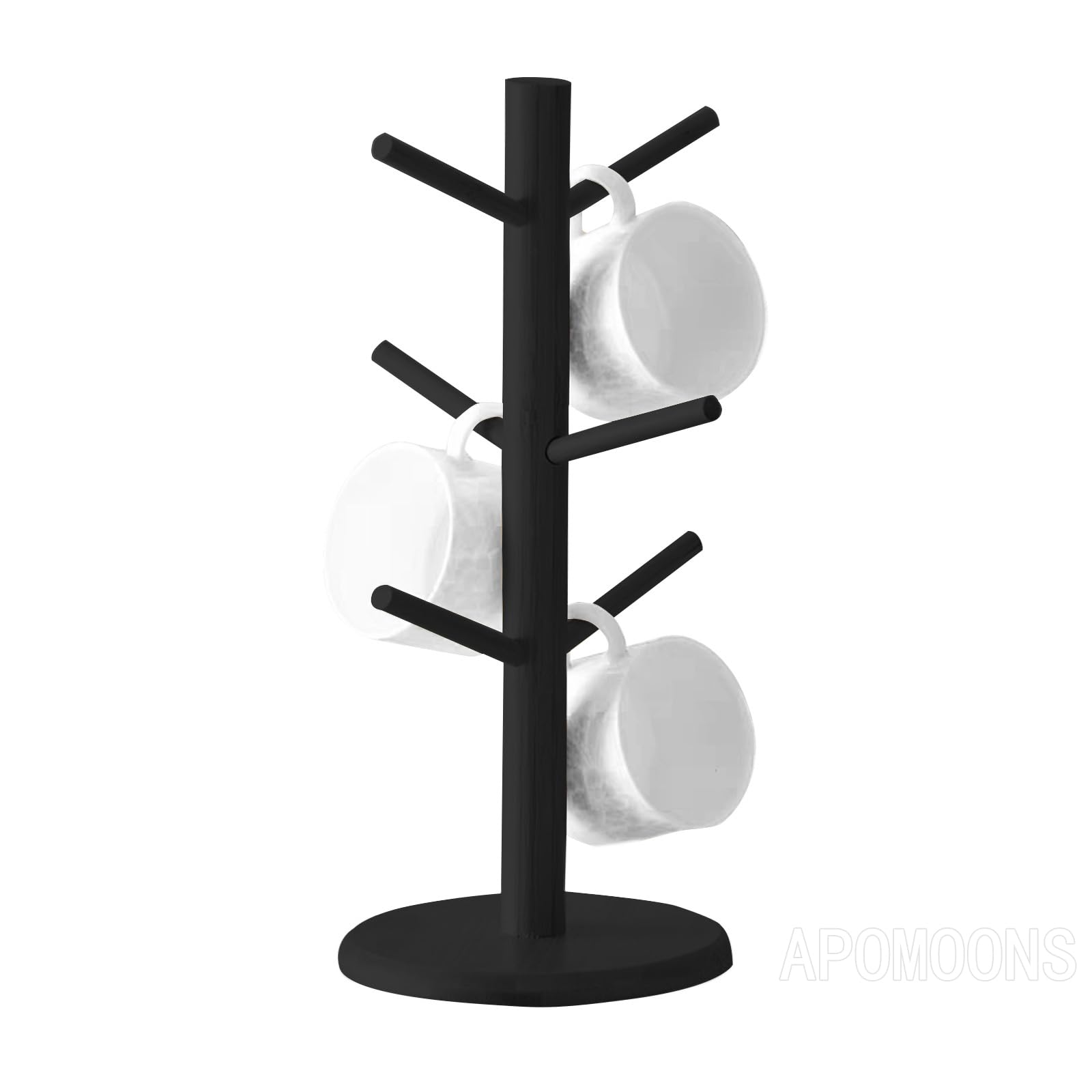 APOMOONS Coffee Mug Tree with 6 Hooks,Hanger Stand Mug Tree Black Bamboo Cup Holder Tree with Thickened Base,Coffee Cup Holder, Counter Cup Holder,Organizer Station (Black)