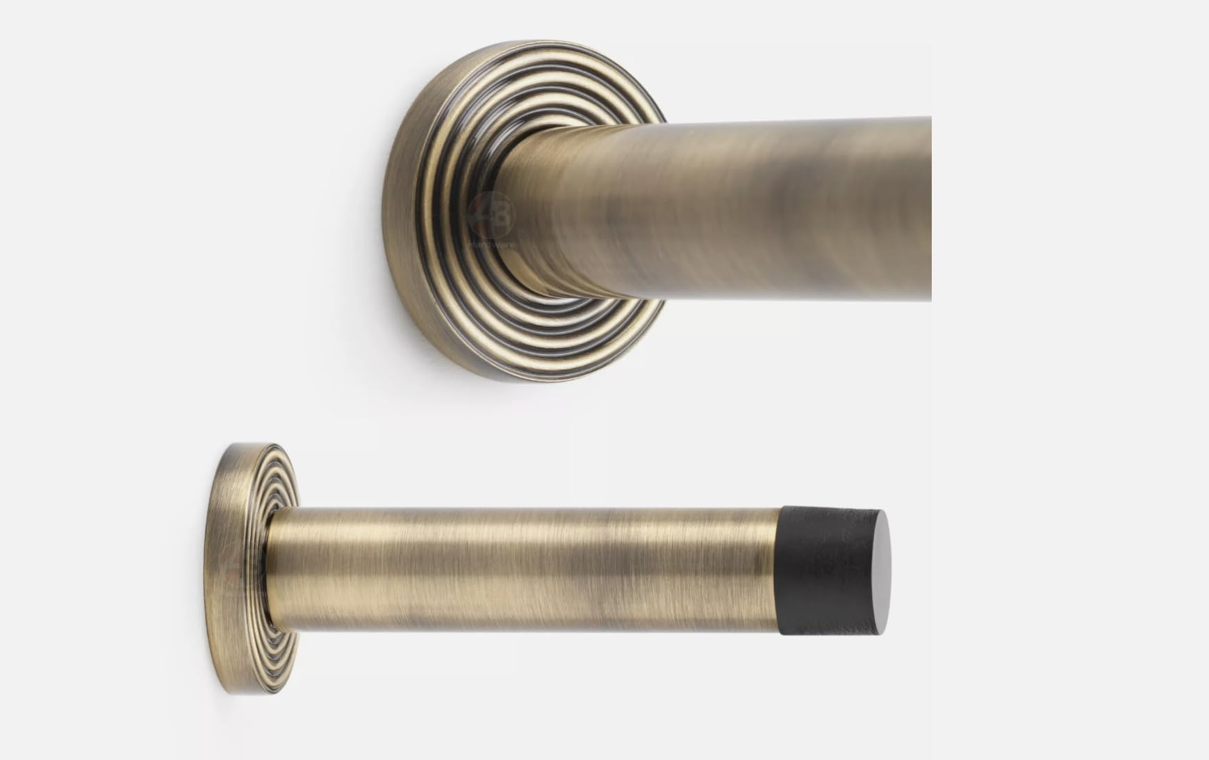 Plain Antique Brass Cylinder Projected Door Stop on Reeded Backplate Solid AB Hardware