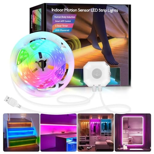 Image of Motion Sensor LED Cabinet Strip Light for Home 5M USB Closet Lamp Adhesive, App Control, Dimmable, Timer & Auto-Off, 7 Static & 4 Dynamic Modes Night Light with Sensor for Stairs, Kitchen, Wardrobe