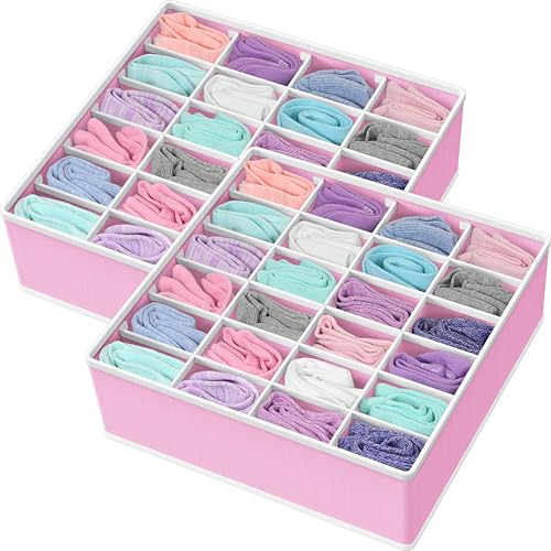 Simple Houseware 2 Pack Closet Sock Organizer, 24 Cell Drawer Divider, Pink