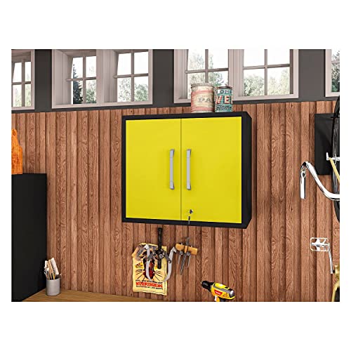 Image of Manhattan Comfort Eiffel 28.35 inch Garage Wall Cabinet, Floating Storage System with Lock, Soft Close Doors, and Mounting Brackets, Utility Organizer for Kitchen, Bathroom & Laundry Room, 1 Piece, Yellow