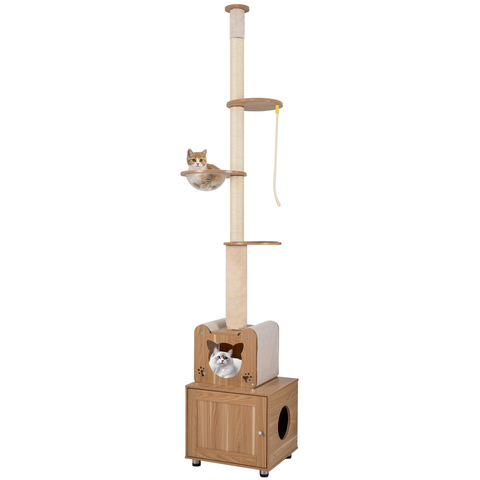 COSTWAY Kratzbaum deckenhoch, 257-276 cm, von Boden bis Decke, Katzenbaum mit Katzenhaus, Katzenkratzbaum hoch, Kletterbaum mit Plattformen, Raumkapsel, Sisal-Kratzstamm & Seil, Holz, Braun