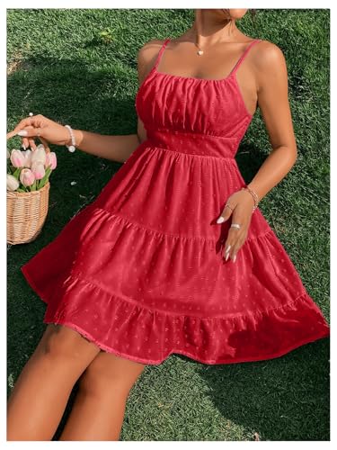 Image of Floerns Women's Swiss Dots Sleeveless Ruched Bust Ruffle Hem Cami Short Dress