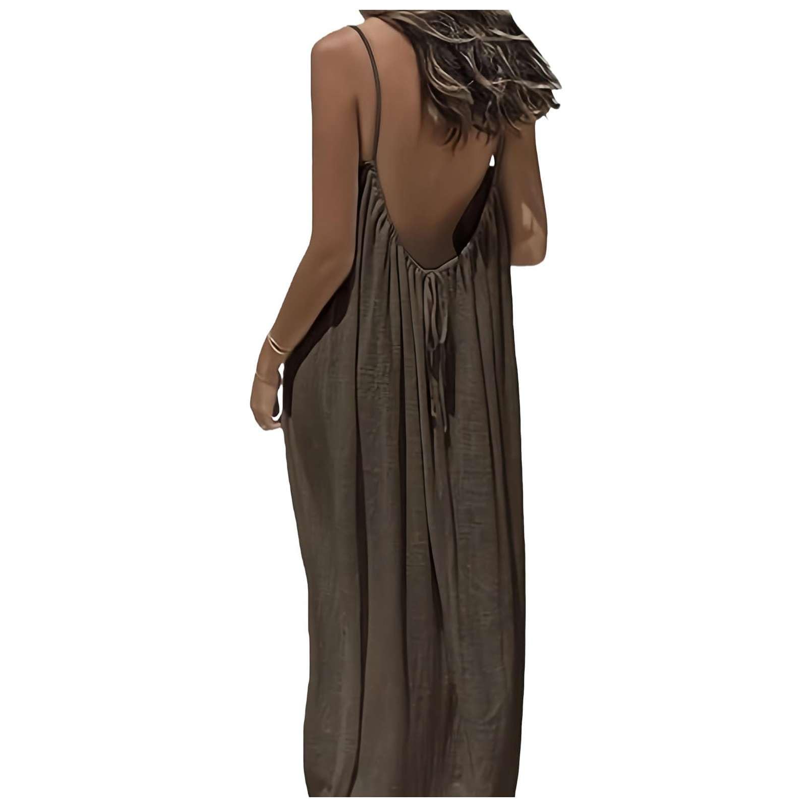 Abito Lungo Donna Schiena Scoperta Cami a Spalline Sottili, Vestito Estivo Monocolore Casual con Schiena Aperta