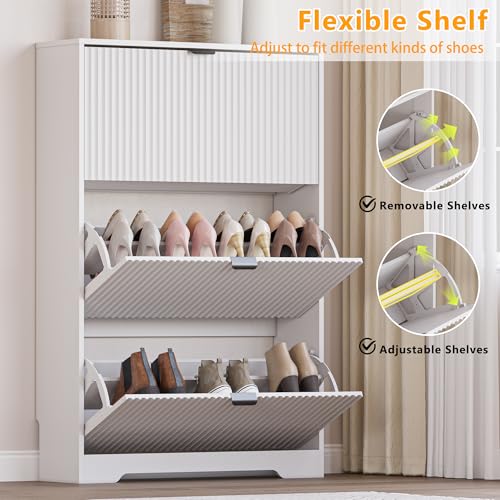 Image of BORNOON Entryway Shoe Cabinet with 3 Flip Drawers, Narrow Shoe Organizer Cabinet with Fluted Panel and Adjustable Shelves for Foyer, Hallway