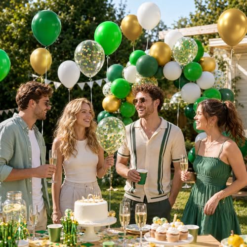 Image of Green and Gold Balloons, 60 Pcs 12 Inch Dark Green White Metallic Gold Latex Balloons with Green Gold Confetti for Birthday Graduation Party Decorations