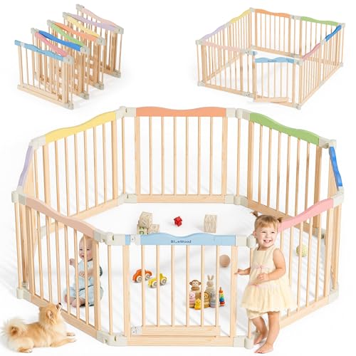 Foldable Wooden Playpen – Adjustable Wood Baby Play Yard with Door, Indoor Large Safety Fence for Babies and Toddlers – Easy Assembly, 8 Panels, Colorful Candy