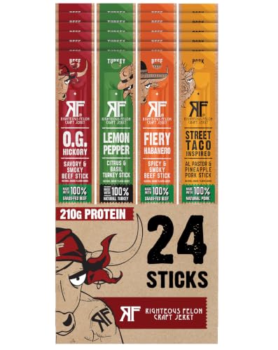 Righteous Felon Meat Sticks Variety Pack - Beef, Turkey &amp; Pork, 24 Count