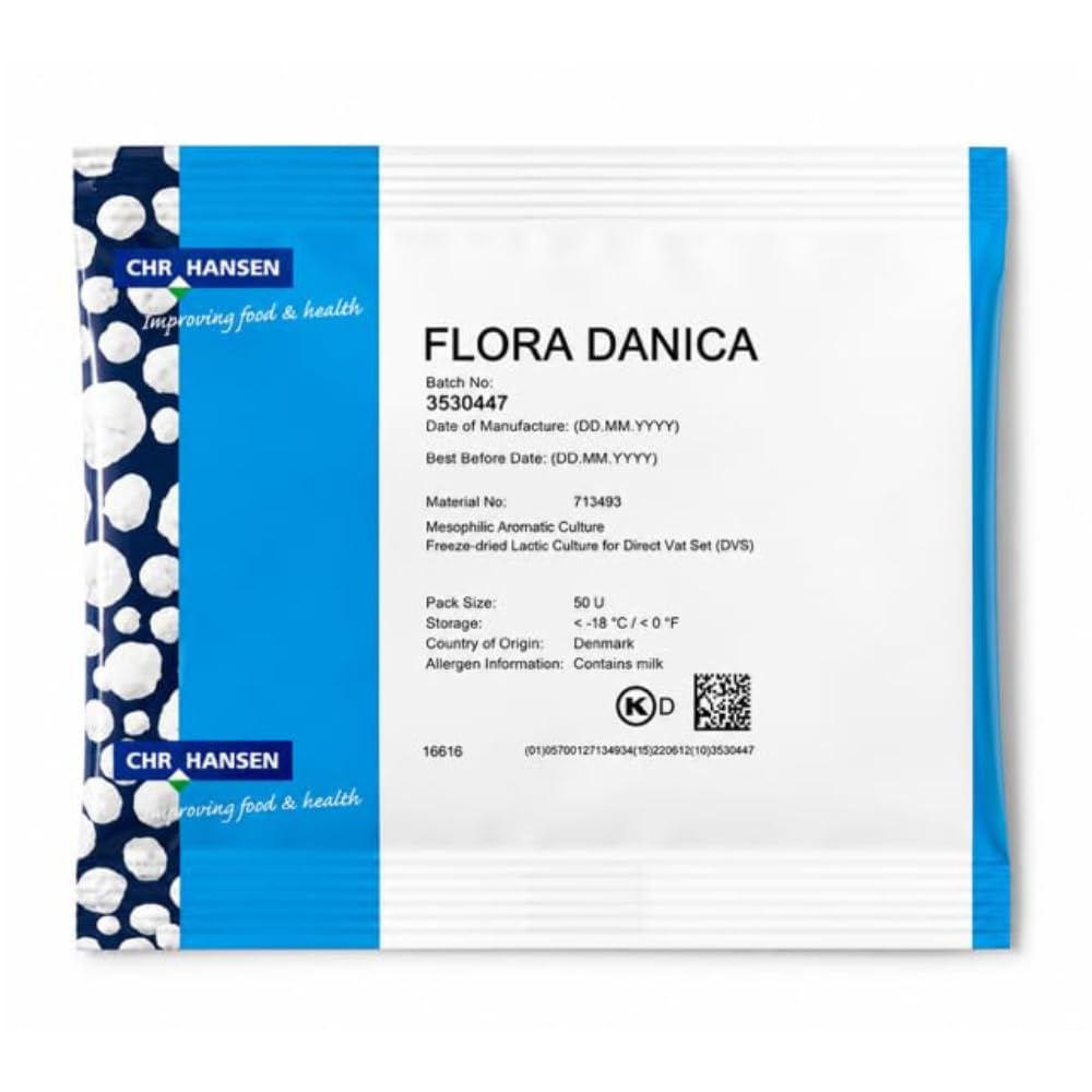 Cheese And Yogurt Making Flora Danica Cheese Starter Culture 50 DCU | Mesophilic Aromatic DVI | Inoculates 500 Litres of Milk | Gouda Edam Camembert Blue Lactic | Freeze Dried | Kosher & Halal