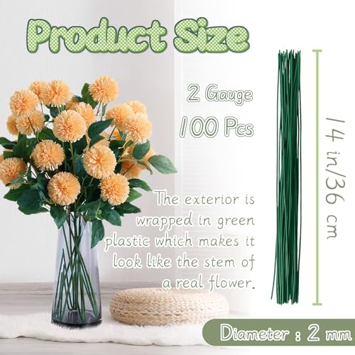 100 pcs floral stems wire for paper flower14 inch 2 gauge dark green floral stem wirecrafting floral stem for flower arrangements diybouquet stem wrapping and crafts