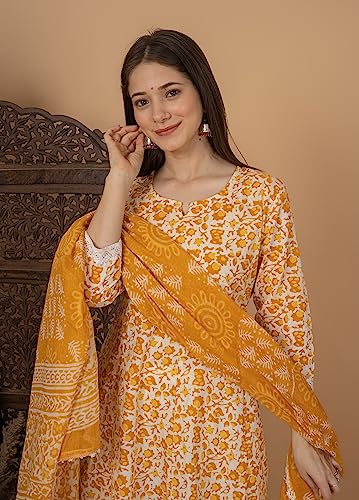 Image of MEERA FAB Women's Cotton Printed Anarkali Kurta with Palazzo & Dupatta Set