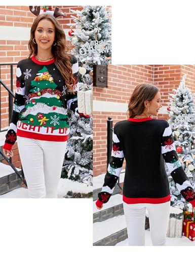 Image of Yimoon Ugly Christmas Sweater for Women Funny Xmas Long Sleeve Knit Pullover Top Cute Santa Tree Reindeer Sweater