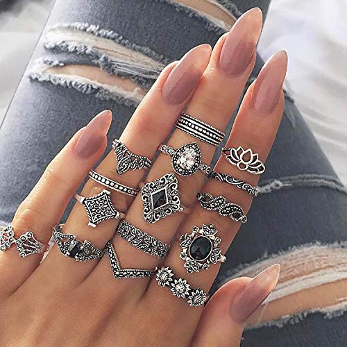 PANTIDE 67Pcs Vintage Knuckle Rings Set Stackable Finger Rings Midi Rings for Women Bohemian Hollow Carved Flowers Gold&Silver Rings Crystal Joint Rings with Storage Bag