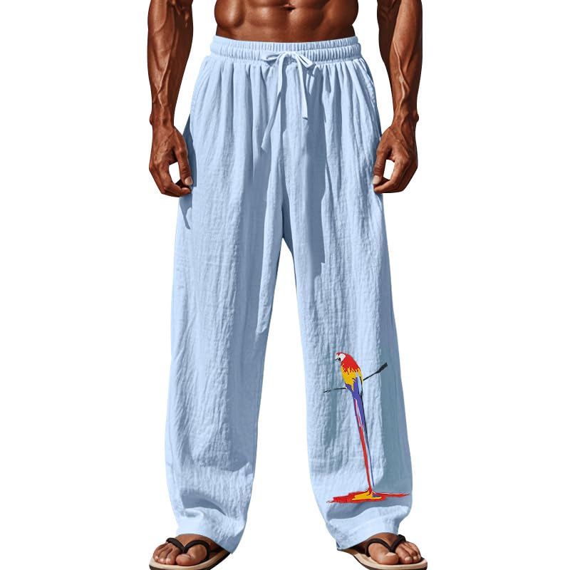 Men's Lightweight Loose Fit Comfy Pants Casual Summer Vacation Solid Color Trousers Parrot Printed Trendy Outfits Classic Drawstring Wide Straight Leg Streetwear Blue 3XL