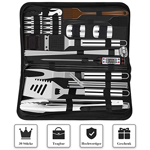 Grilliance BBQ Grillbesteck Set 30 Grillzubehör aus Hochwertiger Edelstahl Grillzange Grillspachtel Korkenzieher Grillset mit Grillkoffer und Grillmatte für Männer Geschenk für Garten Camping Silber 6