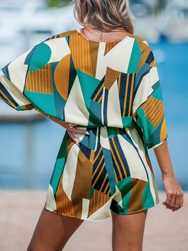 CUPSHE Women's Summer Romper Beach Vacation Loose Fit Half Sleeve V Neck Resort Wear Tropical Holiday Mini Jumpsuit Green Tropical, M