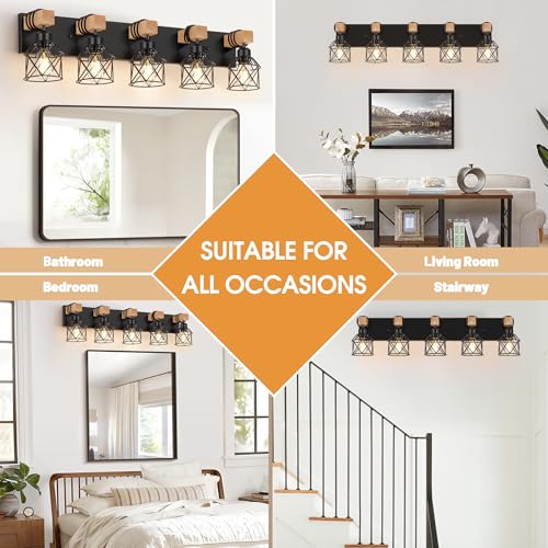 Image of FadimiKoo 5-Light Wooden Black Bathroom Light Fixtures, Rustic Style Vanity Wall Sconces Lighting with Metal Cage, Farmhouse Bathroom Lights Wall Mount for Bedroom, Living Room, Entrance